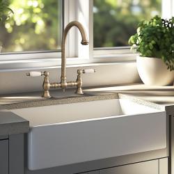 PB Rubinetto da cucina nostalgico a ponte in bronzo beccuccio rotondo e manopole bianche PBN.BRO.R.WH