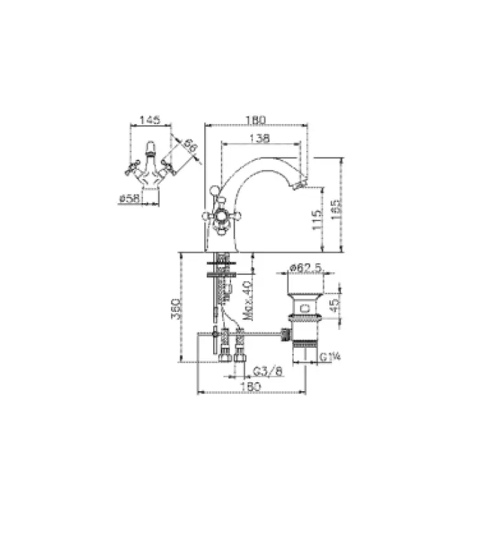 Huber Victorian Miscelatore per lavabo in acciaio inossidabile VT0005102A