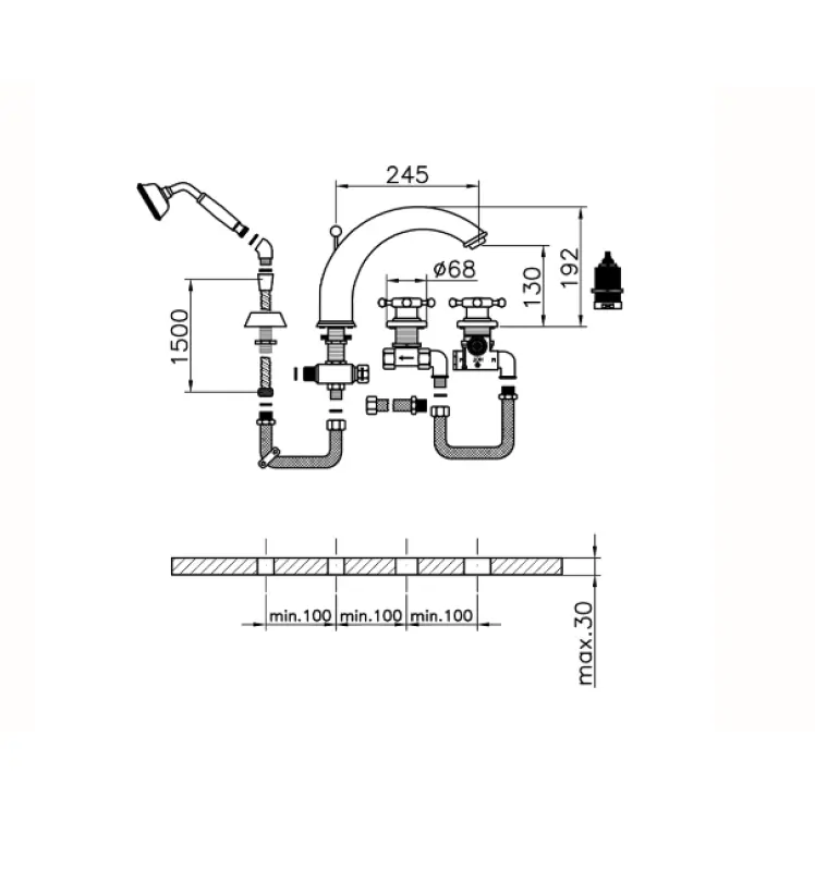 Huber Victorian rubinetto da bagno termostatico a 4 fori con set doccia in acciaio inox VTT760102A.