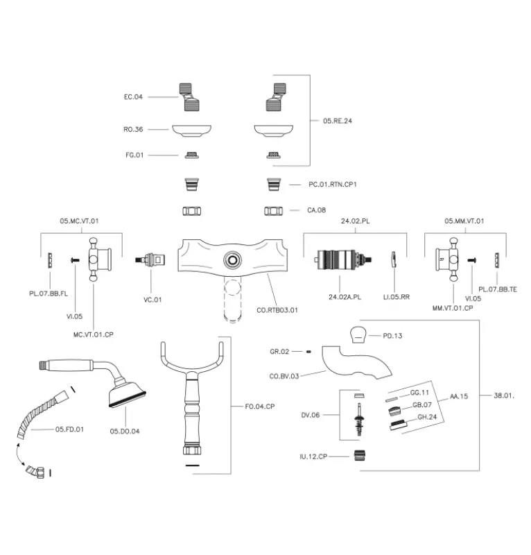 Rubinetto da bagno termostatico Huber Victorian con set doccia in acciaio inossidabile VTT330102A.