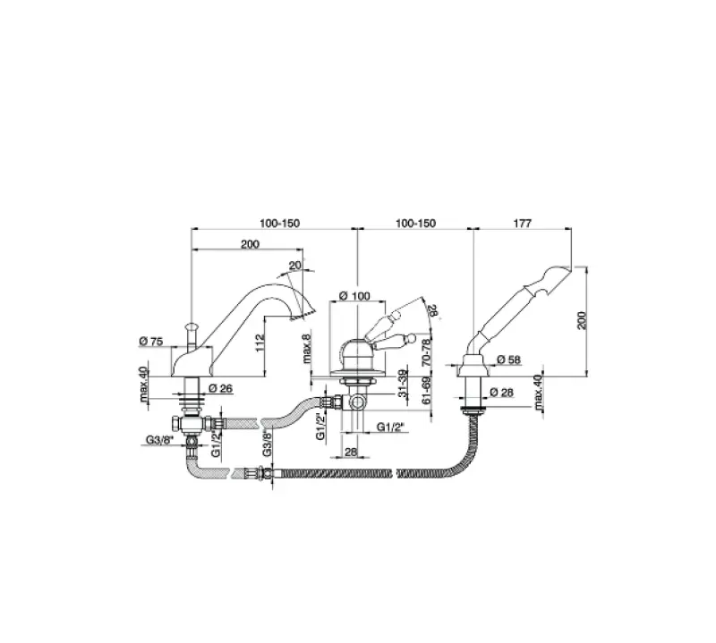 Cisal Arcana Imperatrice rubinetto da bagno a tre fori con doccia a mano Cromo-Oro EM00126074