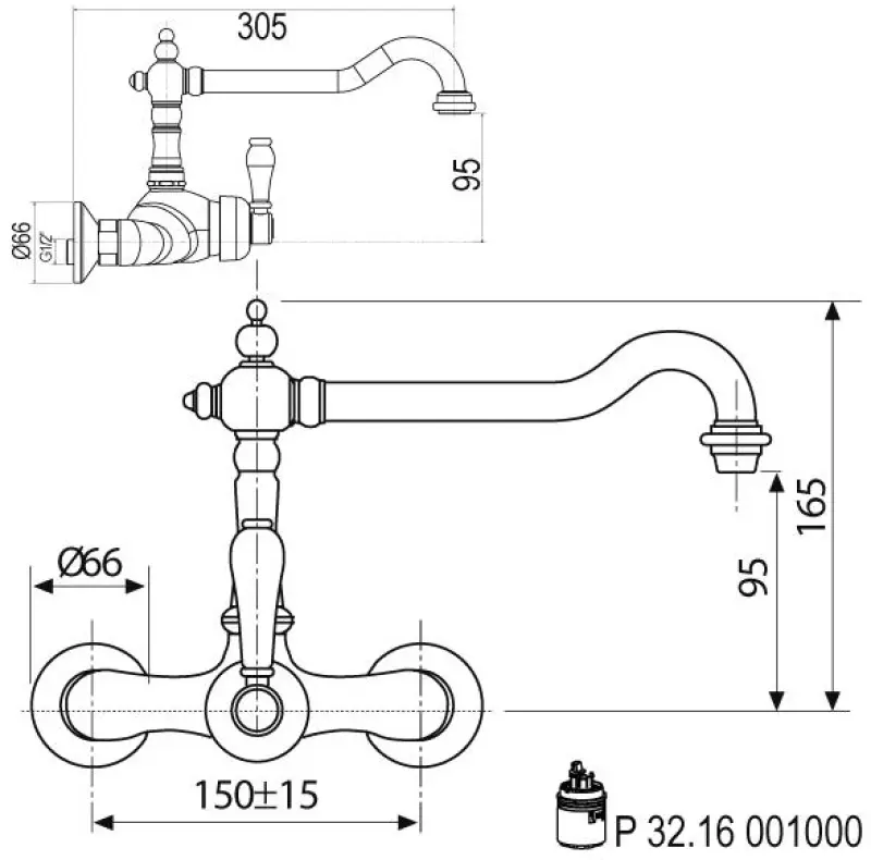 Rubinetto da cucina nostalgico Hermitage R a parete Cromo 10.9021