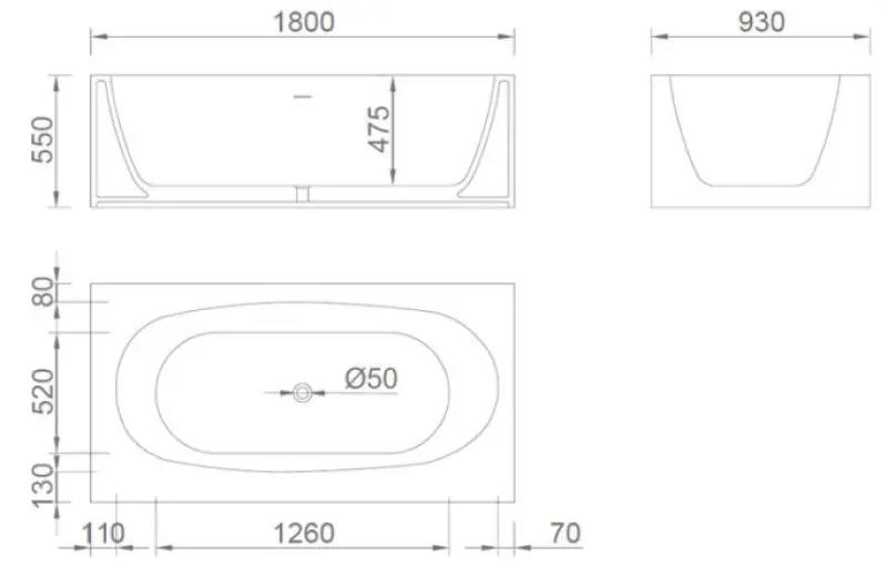 Solid-S Vasca da bagno freestanding Recto in solid surface (Corian) L180 x P93 x H55 cm, bianco opaco, ultima disponibilità