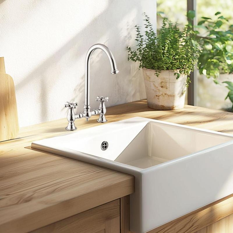 PB Rubinetto da cucina nostalgico a ponte cromato con beccuccio rotondo e manopole  a stella  PBN.CHR.R.ST.