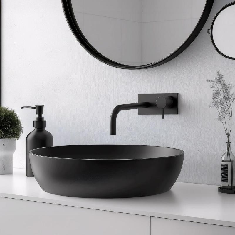 Rubinetto da incasso per lavabo Watervolution Flow con placca di copertura nera opaca e bocca di erogazione da 15 cm T1161BPR-15
