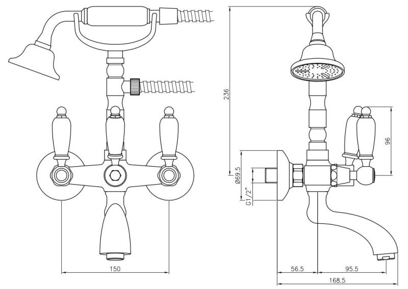 PB rubinetto classico da appoggio set rubinetteria per vasca con maniglie bianche in acciaio inox, doccetta inclusa 1208854432