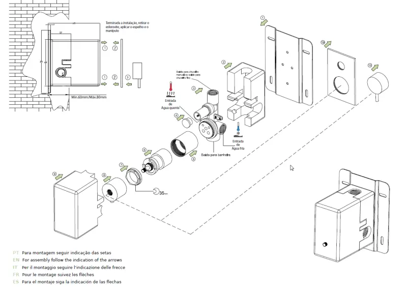 Waterevolution Flow Miscelatore termostatico ad incasso per doccia con 2 uscite nero opaco T132TBBPR con scatola TEC