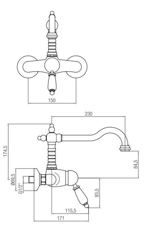 PB Rubinetto monocomando nostalgico montaggio a parete con leva bianca in superficie cromo