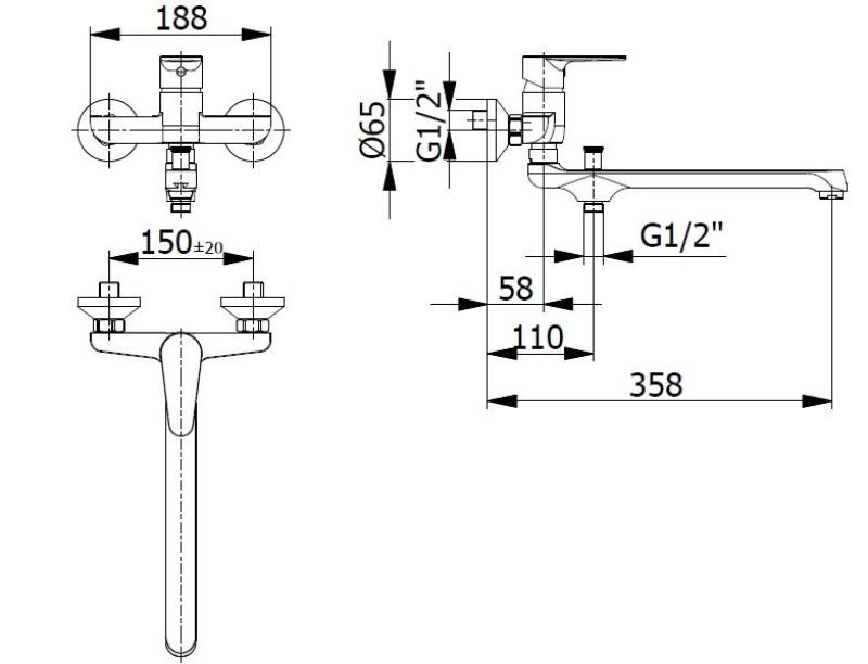 Blusani Rubinetto da parete speciale Cromo con beccuccio lungo da 35 cm e  doccetta 1208952919