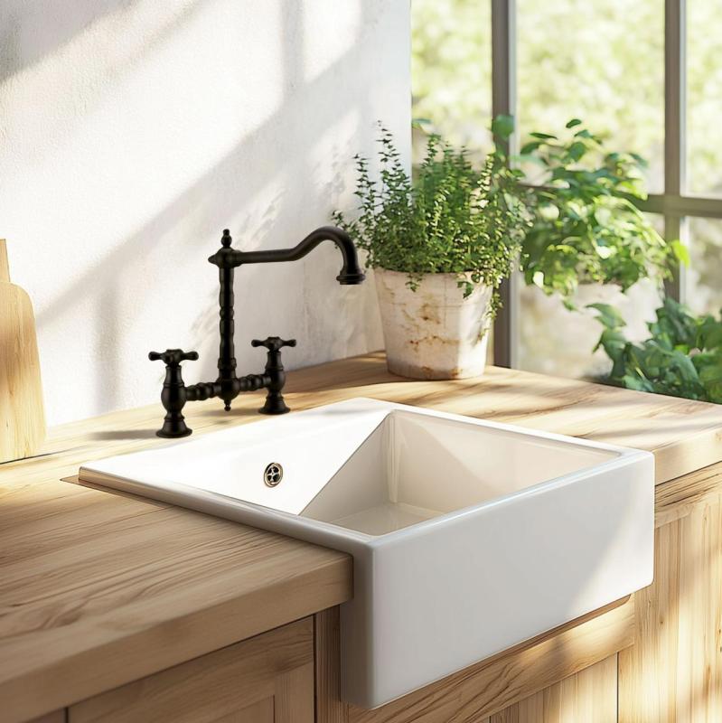 PB Bridge Rubinetto da cucina a ponte nostalgico nero opaco con uscita ad angolo con manopole robuste PBN.ZW.H.ST