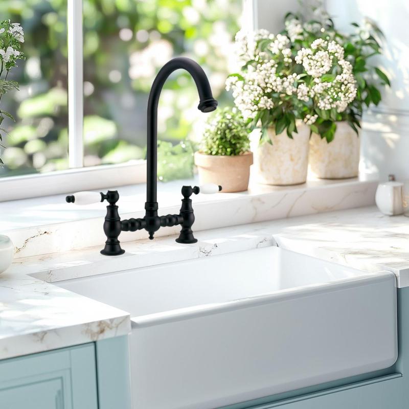 PB Nostalgic Bridge Rubinetto da cucina nero opaco rotondo con leve bianche PBN.ZW.R.WH