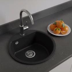 GraniteMy Bremen lavello rotondo in granito 43 cm nero sopratop e sottotop con foro per il rubinetto e tappo in acciaio inossidabile 1208953206