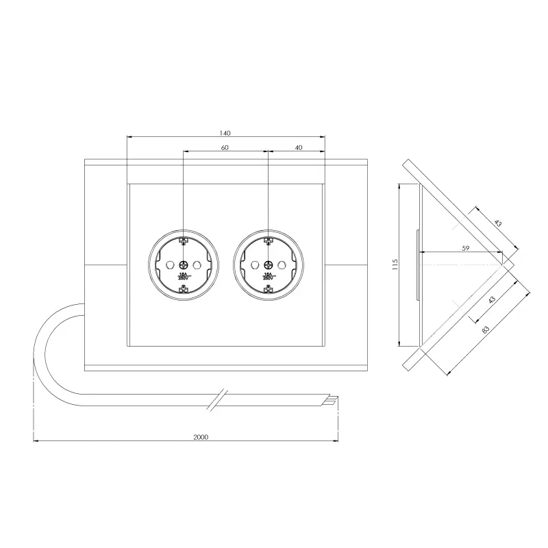 Presa di corrente con 2 spine e messa a terra nera 1208953212