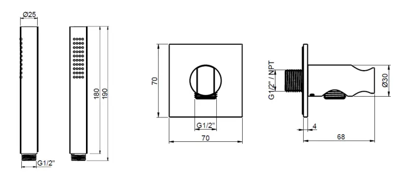 SB 316 Set doccia a mano quadrata con tubo e gancio di sospensione in acciaio inossidabile
