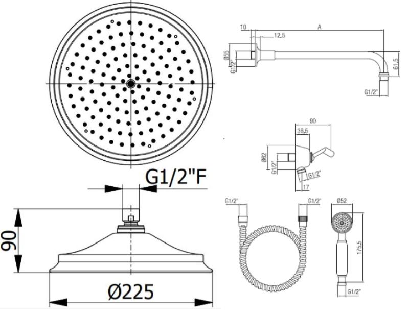 PB Classic Set doccia ad incasso classico cromo con doccetta e soffione 225mm 1208953841