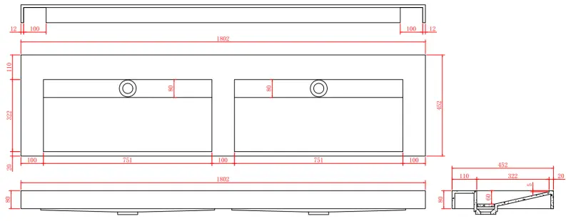 Doppio lavabo Solid-S in marmo, superficie solida, marmo nero opaco, senza foro per rubinetto, con copertura solida B180xP45xH8 1208953889.