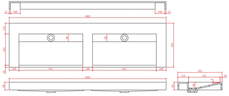 Doppio lavabo Solid-S Marble in solid surface, marmo nero opaco senza foro per rubinetto con copertura solida B160xP45xH8 1208953890.