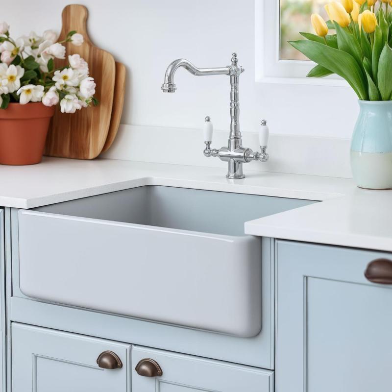 PB Rubinetto da cucina classico nostalgico stile rustico cromato con manopole bianche 1208953911