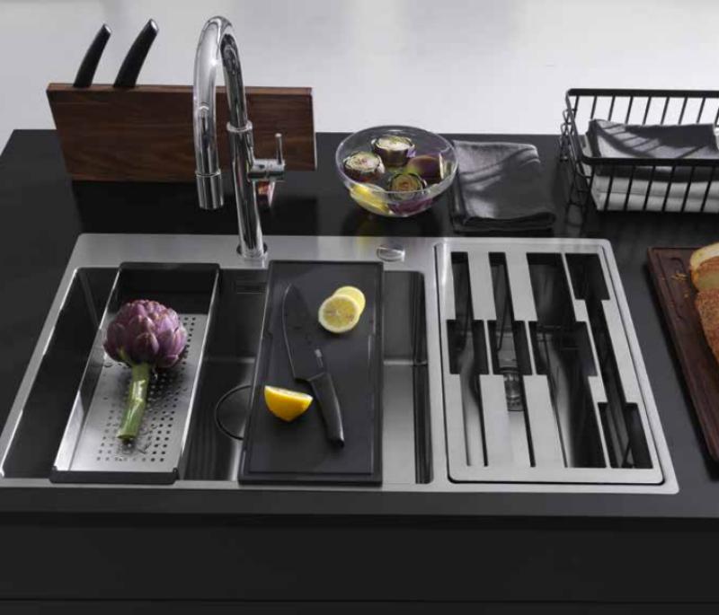 Franke Box Center BWX220-54-27 lavello in acciaio inossidabile a sinistra con tagliere set di coltelli e cestello a filo 86x51cm 127.0587.643