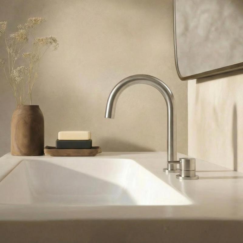 Waterevolution Flow Rubinetto per lavabo a 2 fori interamente in acciaio inossidabile con beccuccio basso a U da 200 mm T1121UIE