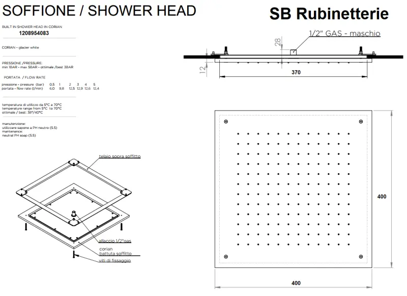 SB Rubinetterie doccia a soffitto quadrata a pioggia da incasso in corian bianco opaco solid surface 40cm 1208954083