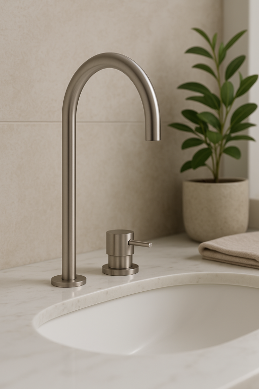 Waterevolution Flow Rubinetto lavabo a 2 fori interamente in acciaio inox con bocca alta 200 mm T1122UIE