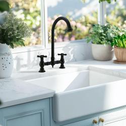 PB Rubinetto da cucina nostalgico a ponte Nero opaco con beccuccio rotondo e manopole a stella 1208954671