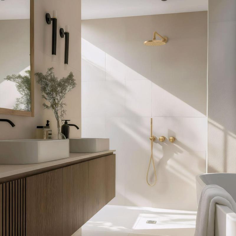 Waterevolution Flow Set doccia ad incasso con termostato soffione a pioggia e doccetta PVD Oro chiaro