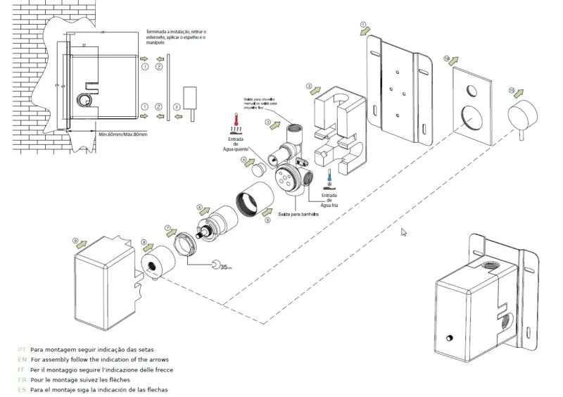 Waterevolution Flow Set doccia ad incasso con termostato soffione a pioggia e doccetta PVD Oro chiaro