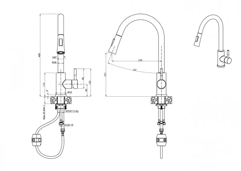 Quadri Leeds Miscelatore da cucin con doccetta estraibile  2 modalità di spruzzo in acciaio spazzolato 1208955909