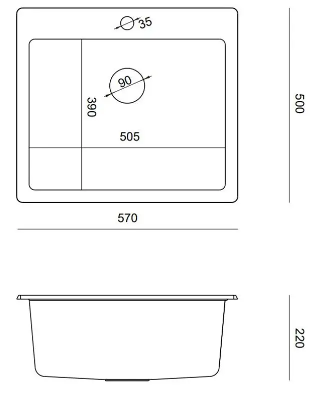 Quadri Sheffield lavello in granito nero montaggio a filo 57x50 cm con foro per rubinetto e tappo in rame 1208956115