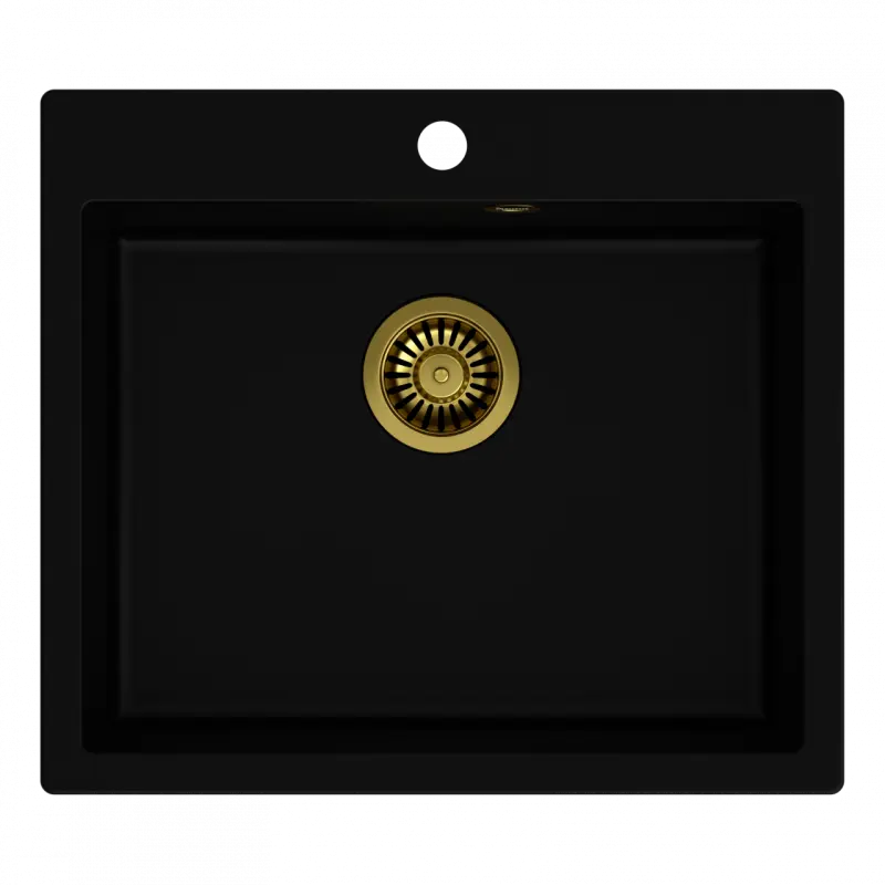 Quadri Sheffield lavello in granito nero montaggio a filo 57x50 cm con foro per rubinetto e tappo dorato 1208956116