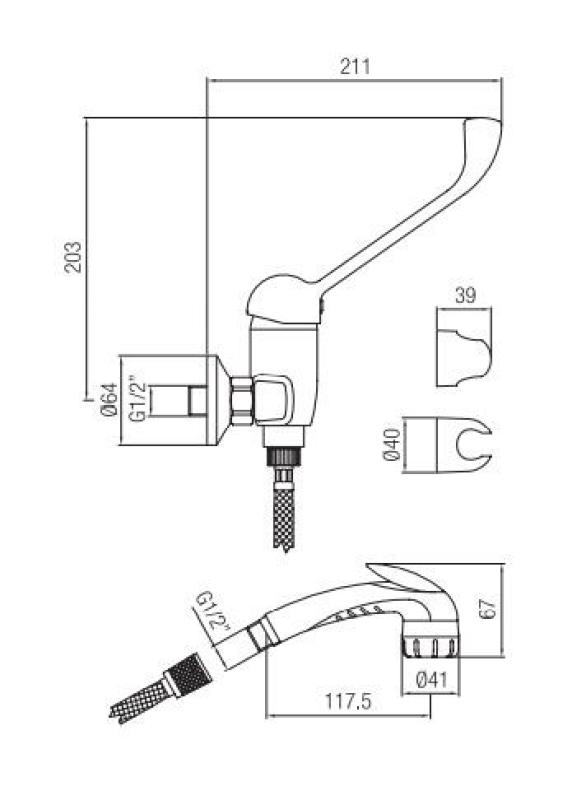 PB Clinic miscelatore per doccia per disabili con leva lunga cromata e doccia a pressione 1208956283