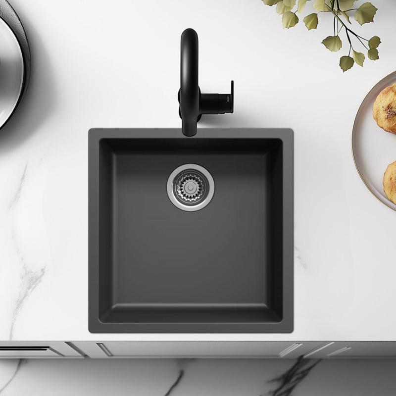 Lavello nero 40x40cm sottopiano, ad incasso e a filo con tappo in acciaio inossidabile 1208956390