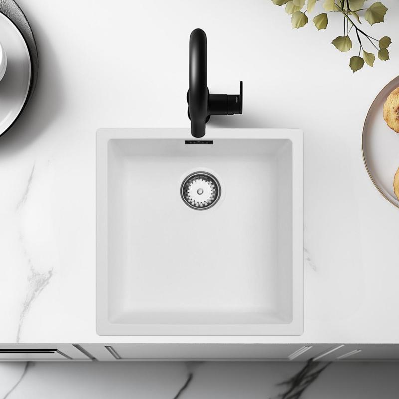 Lavandino bianco 40x40cm sottopiano, sovrapposizione e incasso con tappo in acciaio inossidabile 1208956392