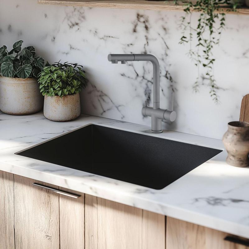 Lavello nero 50x40cm sottopiano, a incasso e a filo con tappo nero 1208956396.