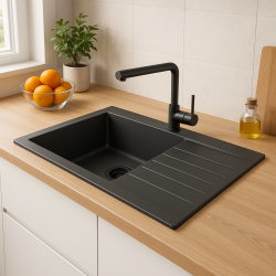 Ausmann Fibre Lavello grande in plastica nera reversibile con scolapiatti montaggio sopra il piano 86x50 cm con tappo nero 1208956781