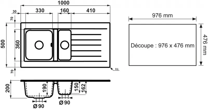 Ausmann Fibre 1,5 lavello in plastica nera reversibile con sgocciolatoio da appoggio 100x50 cm con tappo nero 1208956784