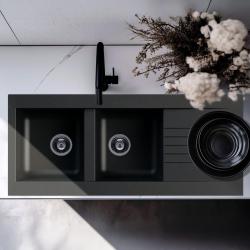 Ausmann Fibre Lavello doppio in plastica nera reversibile con scolapiatti montaggio sopra il piano 116x50 cm 1208956787