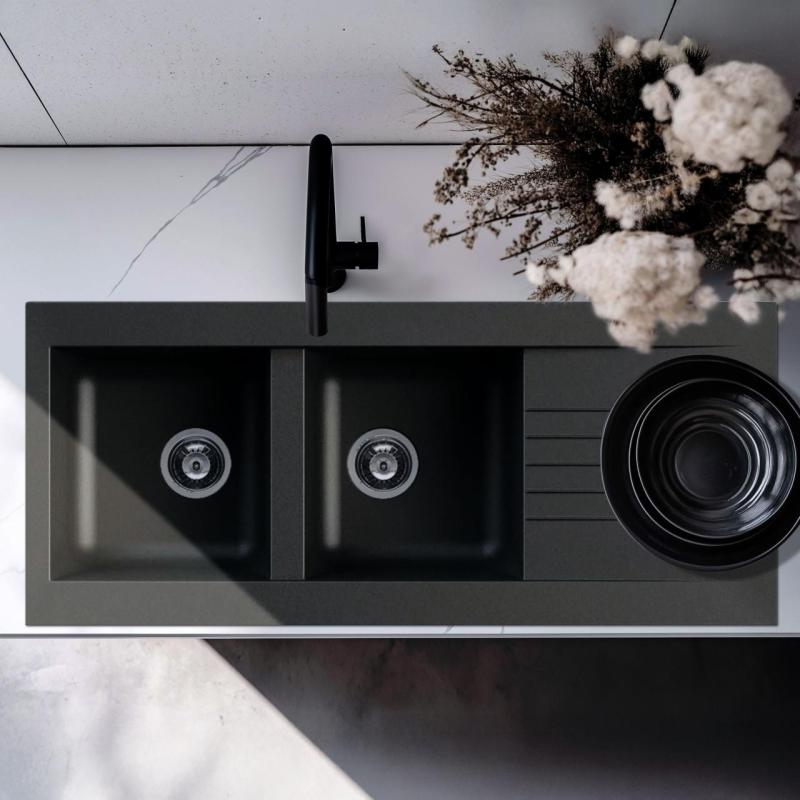 Ausmann Fibre Lavello doppio in plastica nera reversibile con scolapiatti montaggio sopra il piano 116x50 cm 1208956787