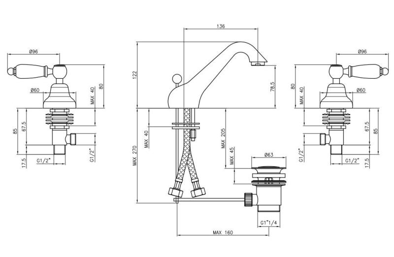 PB Rubinetto classico a 3 fori per lavabo basso con leve bianche Cromo 1208956906