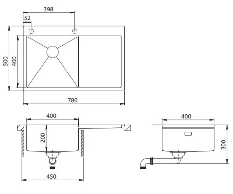 Ausmann Turt  lavello in rame con scolapiatti a destra 780x500mm montaggio sopra il piano ed a filo 1208956943