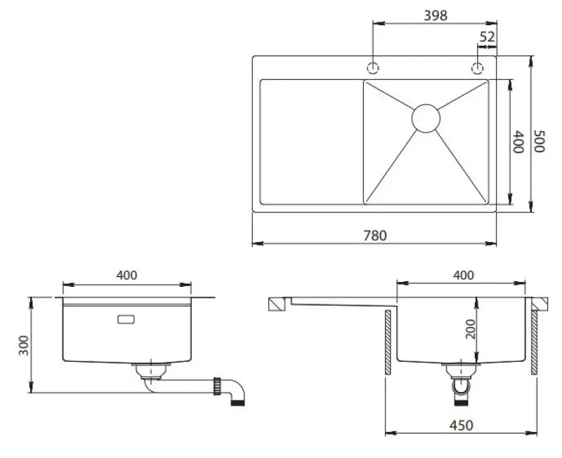Ausmann Turt Lavello in acciaio inossidabile con scolapiatti a sinistra 780x500mm montaggio sopea ed a filo 1208956957