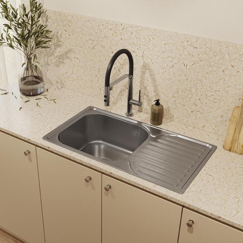 Ausmann Basic Lavello in acciaio inossidabile con scolapiatti reversibile con montaggio sopra il piano 76x42 cm sifone incluso 1208956978