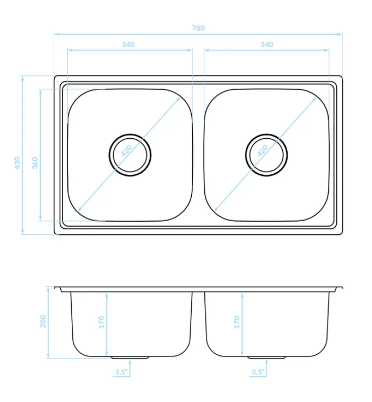 Ausmann Basic Lavello doppio in acciaio inossidabile montaggio sopra piano 78x43 cm sifone incluso 1208956995