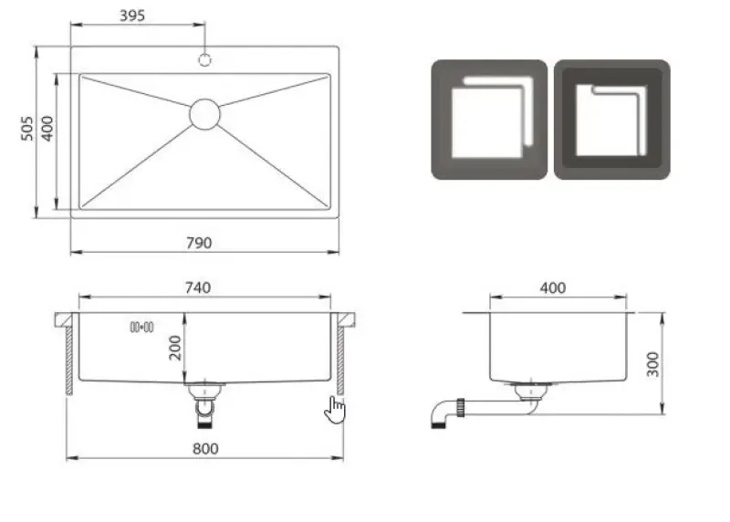 Ausmann Oder Blue lavello grande in acciaio inossidabile 79x50cm montaggio a filo e sopra piano con foro per rubinetto 1208957119