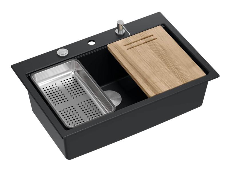 Quadro lavello grande in granito nero opaco hard rock 76x50 cm inclusi accessori 1208957201