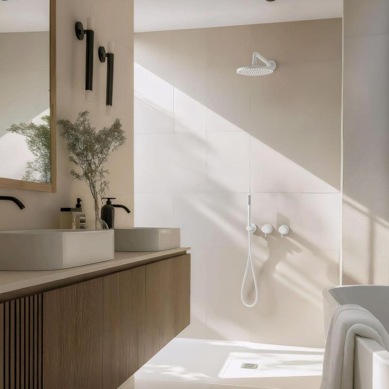 Set doccia da incasso Waterevolution Flow bianco opaco con doccia a pioggia termostatica e doccetta 1208957344