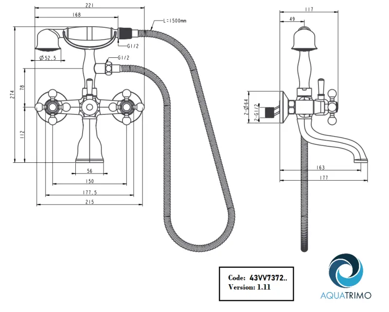 AquaTrimo Vivaldi rubinetto da bagno classico con manopole robuste cromate inclusa doccia a mano 43VV7372CM.