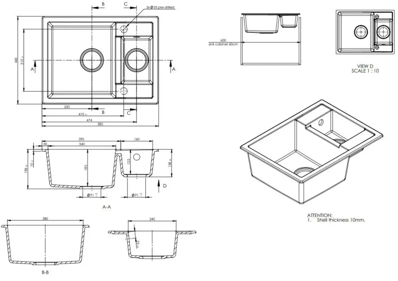 GraniteMy Smart lavello extra basso una vasca e mezza 1,5 in granito nero sopra piano reversibile 58x44cm 1208957386